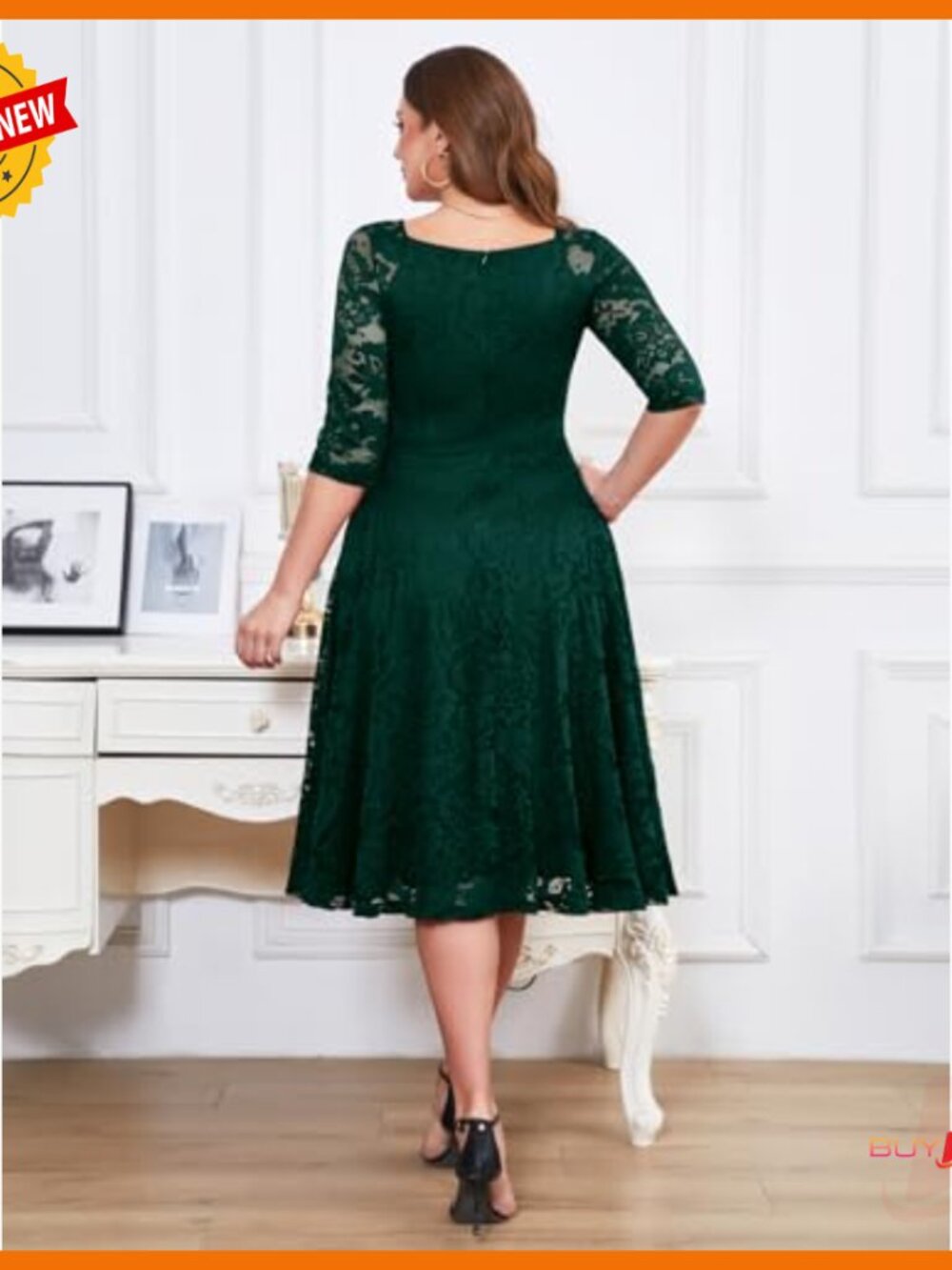 Long Sleeve Lace A-Line Midi Dress Formal Wedding Guest Party Cocktail - Picture 4 of 7